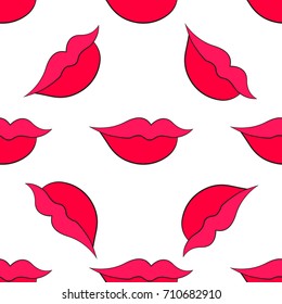 Woman's lip seamless pattern. Girl mouths close up with red lipstick makeup. Background for textile, wallpaper, covers, surface, print, wrapping, scrapbooking, decoupage.
