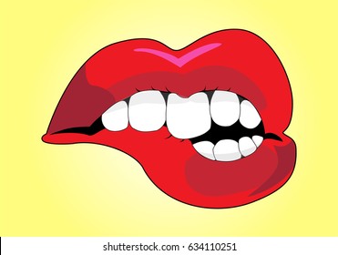 The woman's lips. Biting her lip with her teeth. red mouth