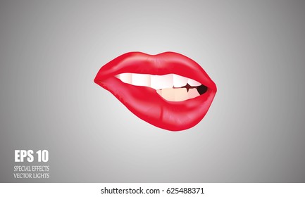 The woman's lips. Biting his lip with his teeth. On a white background.