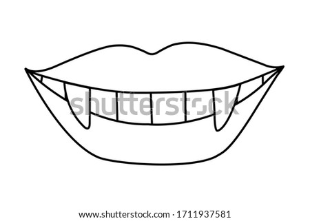 Woman's lips contour isolated on white. Smile of a vampire with fangs. Hand drawn clipart. Picture in a trendy minimalism style.
