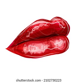 Frauenlippen mit glänzendem, tiefrotem Lippenstift. Handgezeichnete moderne Mode, Vektorgrafik der schönen weiblichen Mund mit perfektem Make-up. Schönheitskizze für Kosmetikdesign.