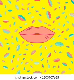 Womans Lips seamless pattern on yellow background. Vector flat illustration
