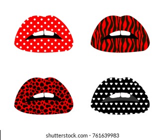 Woman's Lips Set. Girl With Open Mouths With Red Different Lipstick Makeup With Teeth Pop Art. Set Of Lips With Polka Dots, Zebra Print, Animal Print In Pop Art Style. EPS10 Vector.