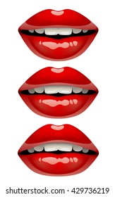 Woman's lips set with red glossy lipstick makeup isolated on white. Vector illustration