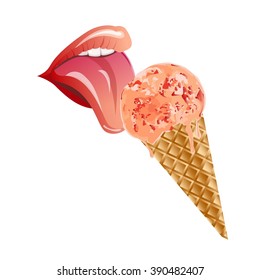 Woman's lips and strawberry ice cream in cone