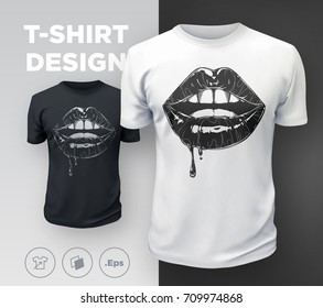 Woman's lips t-shirt print. Black and white girl's sexy mouth close up. Vector illustration