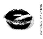 Woman's lips with visible teeth showing tongue in black halftone effect made from small dots. Vector illustration.