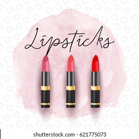 Woman's lipstick tubes set, vector illustration. Cosmetic products on watercolour stain and pattern with hearts, realistic mock up.