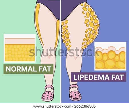 A woman's lower body. Normal fat VS lipedema fat. Medical illustration. Vector illustration. 