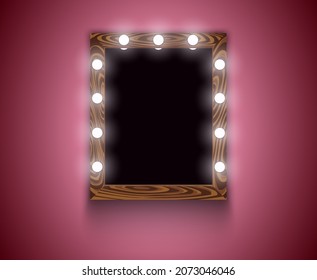 Lugar de maquillaje de la mujer con espejo y bombillas. Ilustración vectorial del concepto de moda y belleza