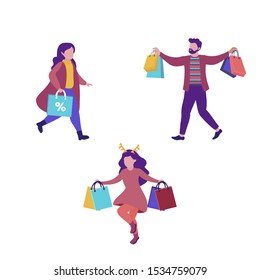 Womans and man set  with Christmas gift bags and presents box. Winter time. Christmas design template for greeting card, poster, banner