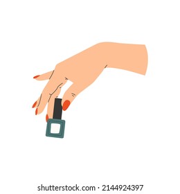 Woman's manicured hand with manicure accessory: varnish. Female hands holding nail polish. Hand drawn flat vector illustration fashion, cosmetic, spa treatments beauty, pedicure painting tools.