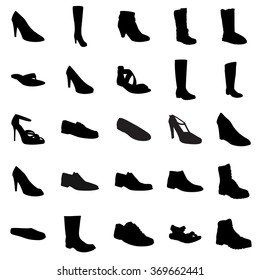 Woman's and man's footwear, silhouettes. Names: ankle boot, biker, business shoe, heel-strap sandals, men sandal, moccasin, outdoor, rubber, snow, trainers