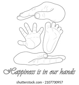 La mano de una mujer y de un hombre sostienen la pierna y la mano del bebé. El concepto de felicidad está en nuestras manos. Decoración de diseño familiar, cuadros y tapices. Ilustración vectorial editable