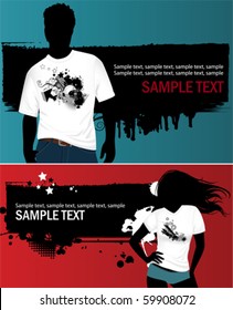 Woman's and man's t-shirt. All elements and textures are individual objects. Vector illustration scale to any size.