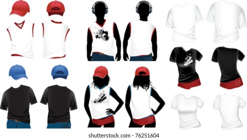 Woman's and man's t-shirts. All elements and textures are individual objects. Vector illustration scale to any size.