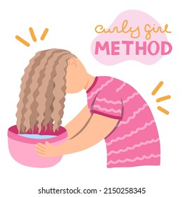 Woman's moisturizing curly hair in the bowl with water. Girl stands upside down, holds in hands basin and makes deep conditioning. Concept of conditioning hair. Haircare routine in steps. Bowl method