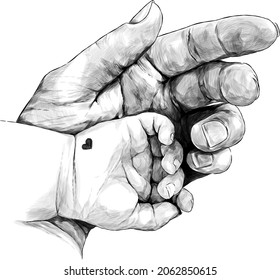 a woman's mother's hand holds a child's small hand with a heart, sketch vector graphics monochrome illustration on a white background