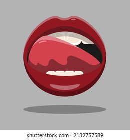 Woman's mouth to express delicious state. Mouth open with red lips, tongue and teeth. Isolated vector illustration