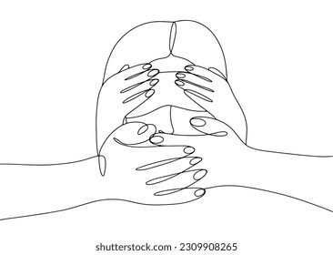 The woman's mouth and eyes were closed. Torture and bullying. Inability to see and speak. One line drawing for different uses. Vector illustration.