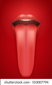 Womans mouth with his long tongue hanging out. Concept of talker or teased. Advertisement Poster. Vector Illustration.