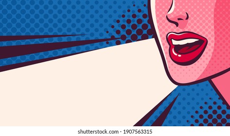 Woman's Mouth Talking, Shouting, Making Announcement And Empty Space For Text. Face Close-up. Comic Vector Illustration On Pop Art Background.