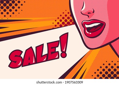 Woman's Mouth Talking, Shouting And Sale Speech Bubble. Face Close-up. Advertisement Poster. Comic Vector Illustration On Pop Art Background.	
