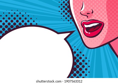 Woman's mouth talking, smiling and empty speech bubble. Face close-up. Comic vector illustration on pop art background.	
