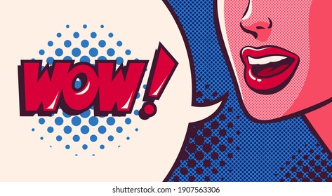 Woman's Mouth Talking, Smiling And Speech Bubble With Wow Word. Face Close-up. Comic Vector Illustration On Pop Art Background.	
