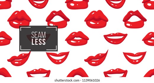 Woman's Mouths Face Expressions: Pursed Lips, Pouty Lips, Smile, Ajar Mouth, Sensual Lips, Smirked Mouth. Fashion Seamless Pattern. Hand Drawn Vector Art On White Background.