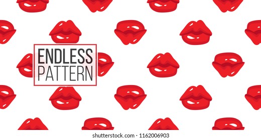 Woman's Mouths Face Expressions: Pursed Lips. Fashion Seamless Pattern. Hand Drawn Vector Art On White Background.