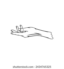woman's open hand looking up at the side black and white vector illustration