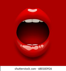 Woman's Open Mouth With Glossy Sexy Lips On Red. Vector Illustration