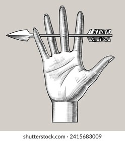 Woman's palm with an arrow between the fingers. Vintage engraving stylized drawing. Vector illustration