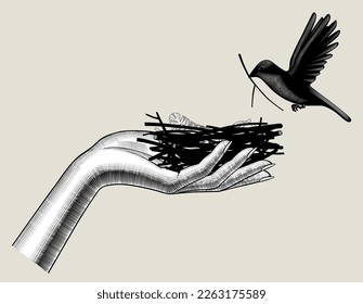 Woman's palm hand holding a bird's nest and a flying bird with a branch in its beak. Vintage engraving stylized drawing. Vector illustration