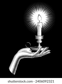 Woman's palm hand holding a candlestick with burning candle on black background. Vintage engraving stylized drawing. Vector illustration