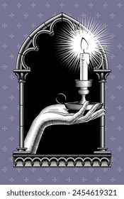 Woman's palm hand holding a candlestick with burning candle in a classic gothic architectural decorative frame.  Drawing in vintage black and white engraving 
style. Vector illustration