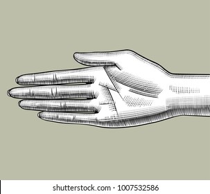 Woman's palm upwards. Vintage engraving stylized drawing. Vector illustration