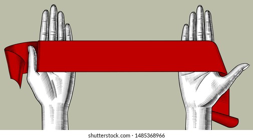 Woman's palms of the hands upwards with a red ribbon banner. Vintage engraving stylized drawing. Vector illustration