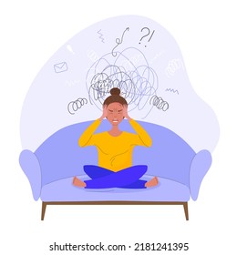 A woman's panic. Vector illustration of a beautiful cartoon brunette girl at home on the couch in a state of stress, surrounded by icons of stress factors. Isolated in the background