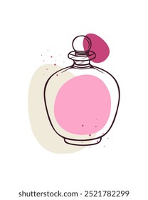 Frasco de perfume feminino com formas abstratas rosa no fundo minimalista. Ícone do emblema do logotipo. Desenho de frasco de vidro com rabiscos, spray de perfume para mulheres.