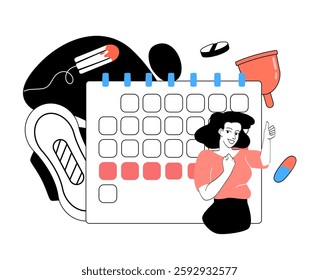 Womans period concept. Young girl standing near calendar and menstrual cup. Female reproductive system and fertility. Person with menstruation calendar. Linear vector illustration