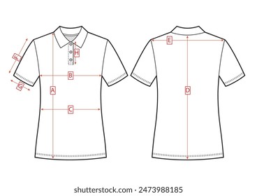 Womans polo size chart. Front and back views sketch