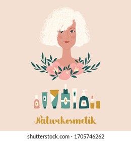 Woman's portrait and beauty products variety. "Naturkosmetik" hand drawn lettering in German, means "Organic cosmetics". Beauty and health care concept. Vector hand drawn illustration