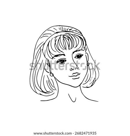 woman's portrait with a curved bob and bangs, her head slightly tilted, the woman pensive or dreamy - hand drawn line art illustration