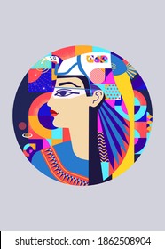 Woman's portrait, face in style of Ancient Egypt, modern flat tech illustration and circled user profile picture. Concept - technology, new is the well-forgotten old, minimalism.