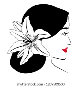 Woman's portrait. Side view. Hairstyle with lily flower. Red lips. Vector illustration. Eps 10.