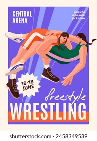 Woman's professional wrestling sport competition advertising poster. Athletes, greco roman fighters in uniform. Female freestyle wrestlers raise, throw opponent during battle. Flat vector illustration