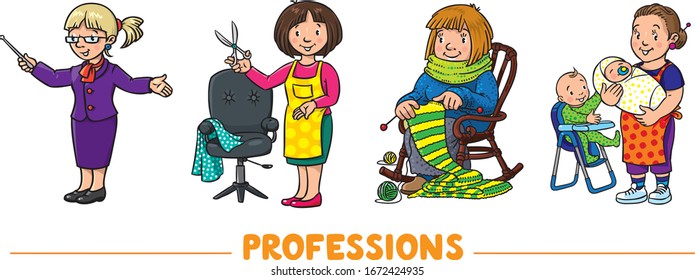 Womans professions. Vector funny characters set 1.