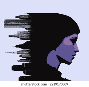 Womans Profile and the City - Double Exposure, vector clipart
